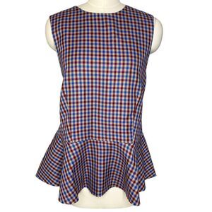 Jucca Tan Burgundy Tweed Checked Sleeveless Peplum Top | Size M